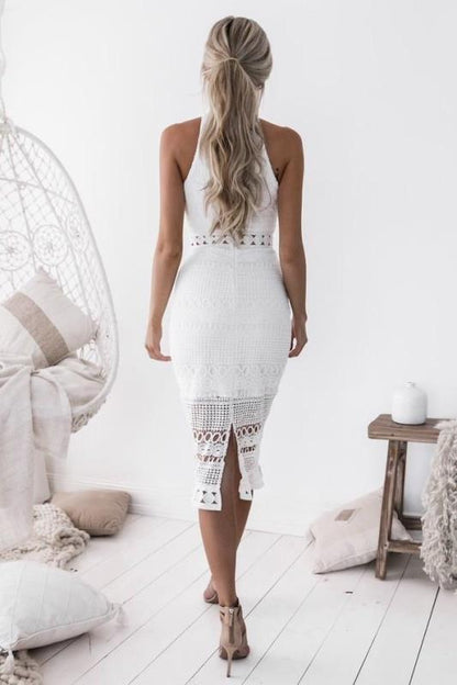 Debby | Dames Midi Jurk – Slim Fit – Halternek & Sheer Haakdetails – Elegante Look