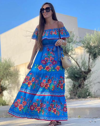 Herma | Dames Maxi Jurk met Off-Shoulder Ruffle & Bloemenprint – Gelaagde Rok & Tailleceintuur voor Zomerse Elegantie