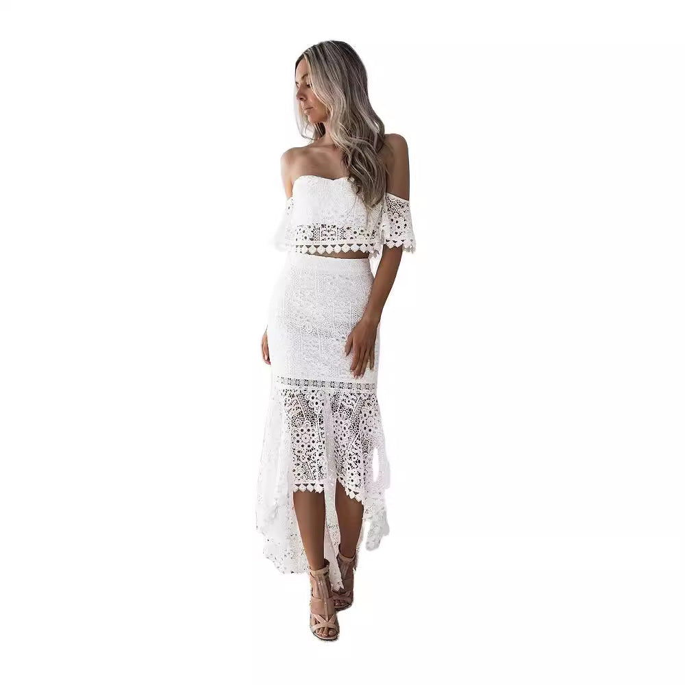 Denice | Dames Tweedelige Set – Kant Bustiertop Off Shoulder & Hoge Taille Kokerrok – Elegante Pasvorm