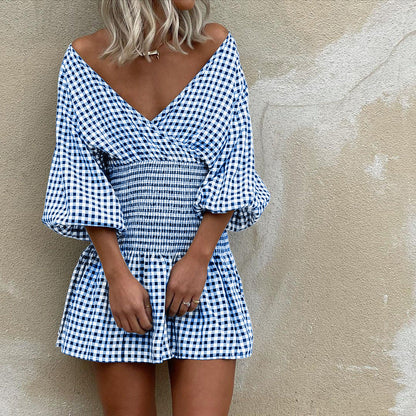 Mini Jurk | Dames jurk met ruitpatroon, V-hals en pofmouwen van katoenmix
