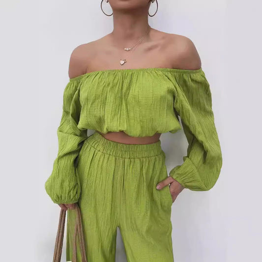 Two-Piece Set | Dames zomer set met offshoulder crop top en wijde broek
