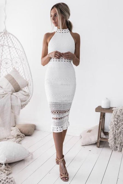 Debby | Dames Midi Jurk – Slim Fit – Halternek & Sheer Haakdetails – Elegante Look