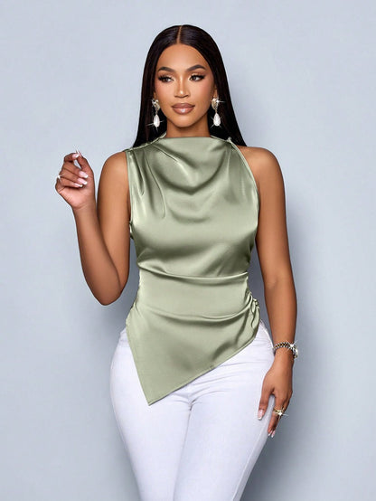 Gerlinde | Chique Damesblouse Zonder Mouwen met Hoge Hals & Asymmetrische Zoom – Slim Fit Satijnen Look