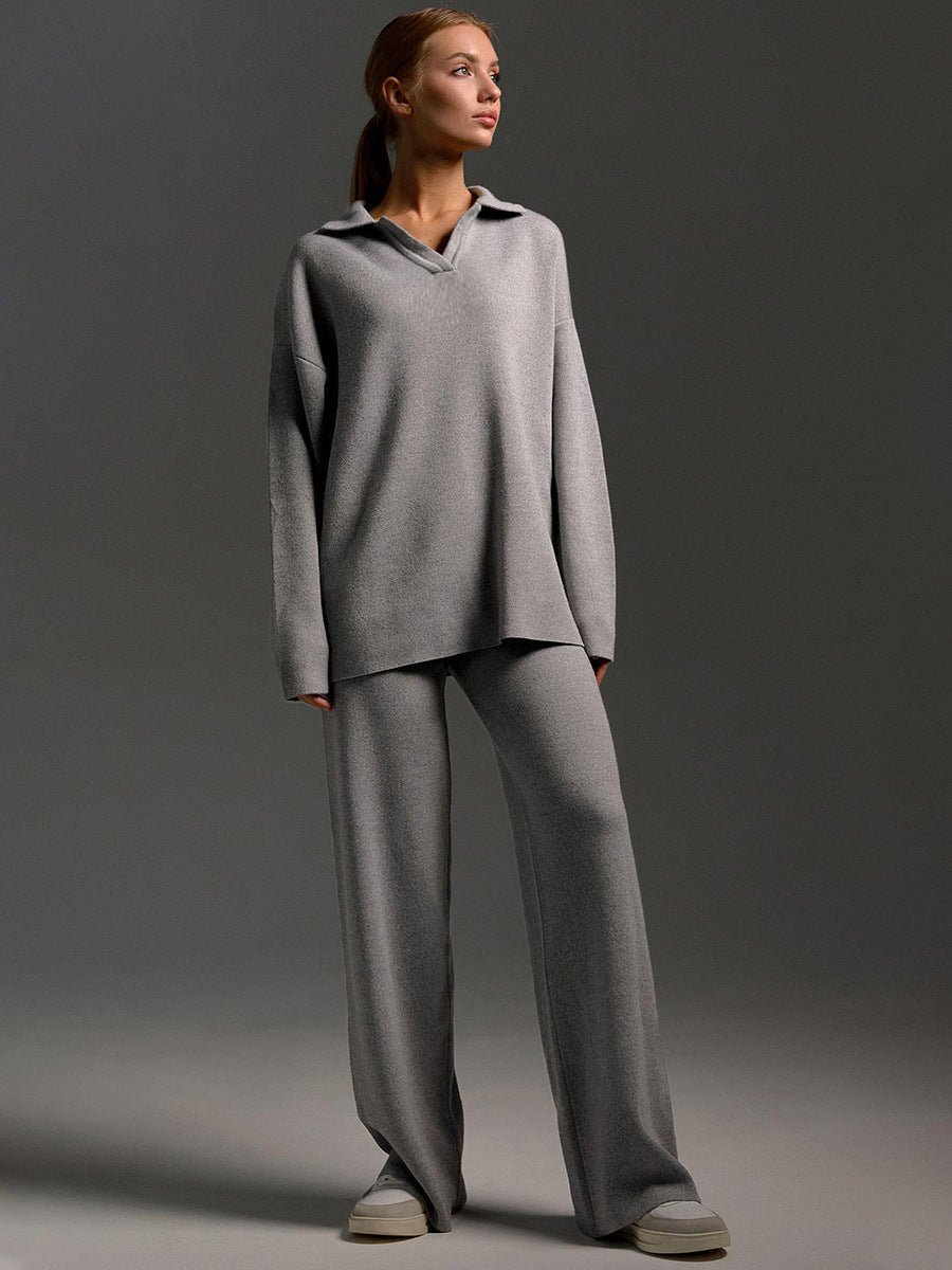 Indy Lounge Set | Dames loungepak met oversized polosweater en brede broek in zandkleur
