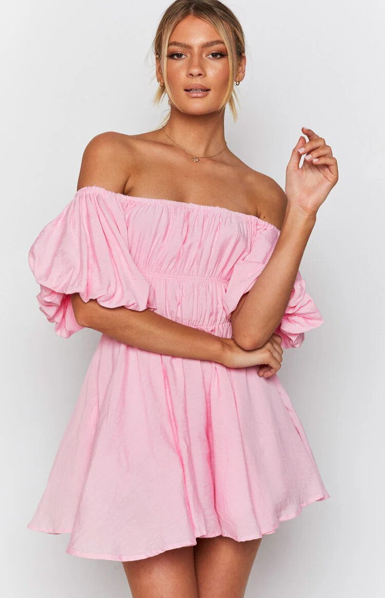 Josien | Dames Mini Jurk – Off-Shoulder, Puff Mouwen & Flared A-Lijn voor Zomerse Elegantie