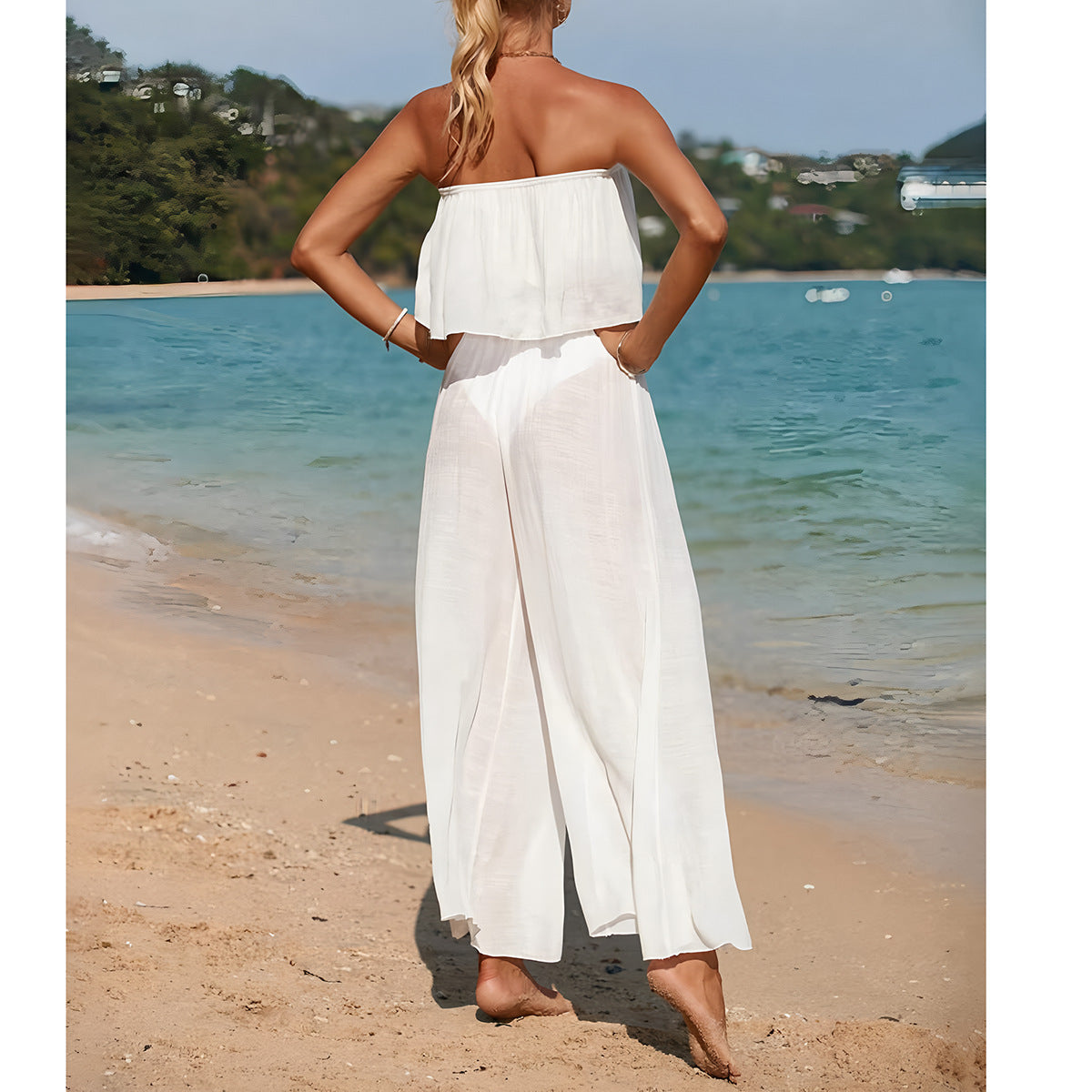 Anna | Dames Set – Strapless Top met Asymmetrische Zoom en Wijde Broek van Ademend Materiaal