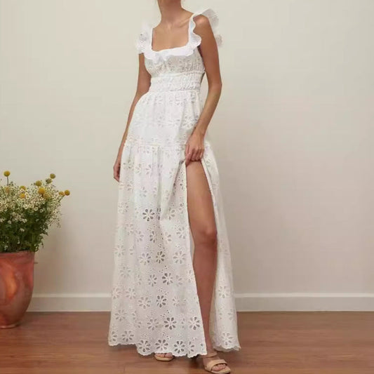 Inaya | Dames Maxi Jurk – Ruches Bandjes, Vierkante Hals & Zijsplit – Elegante Zomerse Stijl