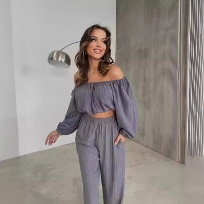 Two-Piece Set | Dames zomer set met offshoulder crop top en wijde broek