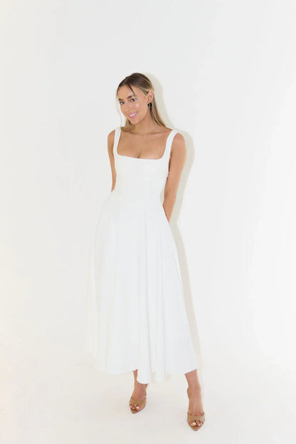 Midi-Jurk | Elegante Damesjurk met Hoge Taille, Relaxte Pasvorm en Vierkante Hals