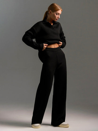 Indy Lounge Set | Dames loungepak met oversized polosweater en brede broek in zandkleur