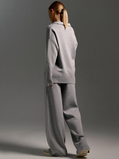 Indy Lounge Set | Dames loungepak met oversized polosweater en brede broek in zandkleur