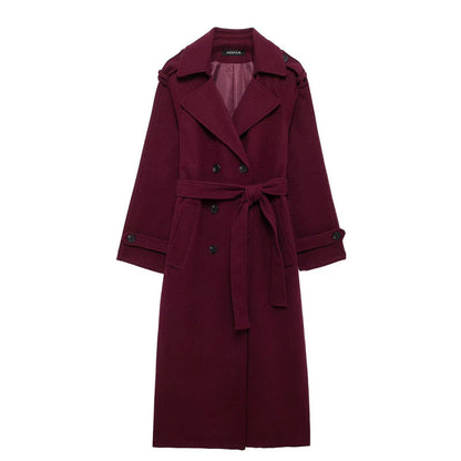 Romee Mantel Jas | Damesjas in Burgundy met Ceintuur en Dubbele Knopenrij