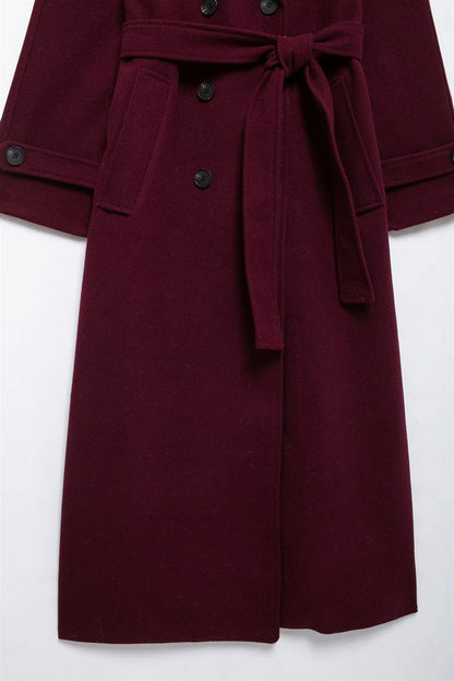 Romee Mantel Jas | Damesjas in Burgundy met Ceintuur en Dubbele Knopenrij
