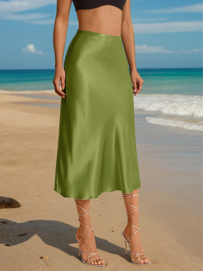 Romy Satijnen Midi Rok voor Dames met Hoge Taille | Elegante Glans voor Dag & Avond