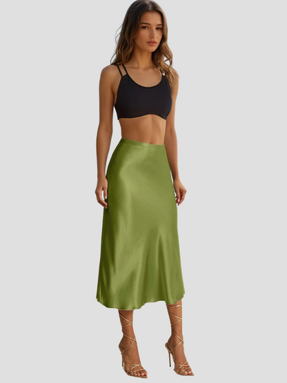 Romy Satijnen Midi Rok voor Dames met Hoge Taille | Elegante Glans voor Dag & Avond