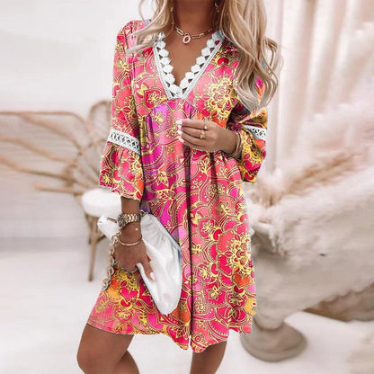 Aleida | Dames Jurk – Losvallende Bedrukte Zomerjurk met 3/4 Mouwen en Knoopsluiting