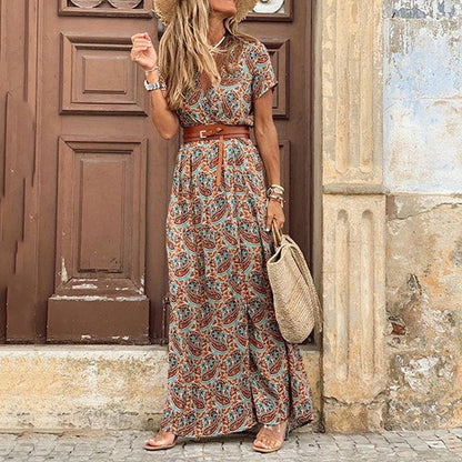 Rosalie | Bohemian Vintage Jurk voor Dames – Eclectische Print en Hoge Split