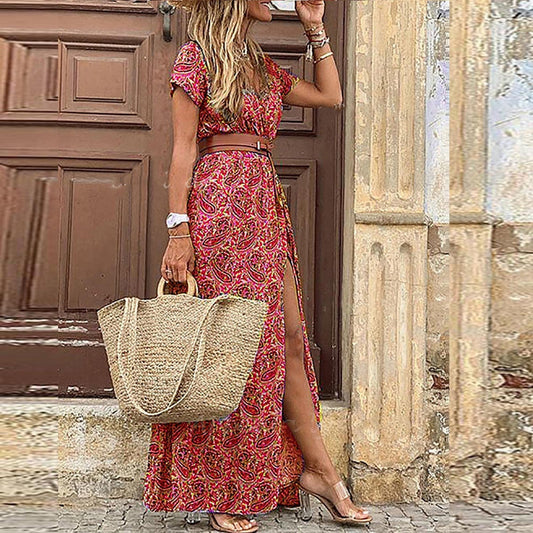 Rosalie | Bohemian Vintage Jurk voor Dames – Eclectische Print en Hoge Split