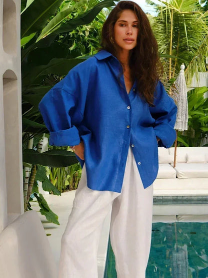 Harlow | Oversized Linnen Blouse voor Dames – Luchtig en Stijlvol met Klassieke Hemdkragen