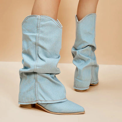 Dameslaarzen – Denim Knielaarzen met Stevige Hak en Gedurfd Design | JILL