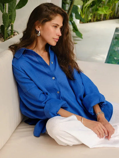Harlow | Oversized Linnen Blouse voor Dames – Luchtig en Stijlvol met Klassieke Hemdkragen