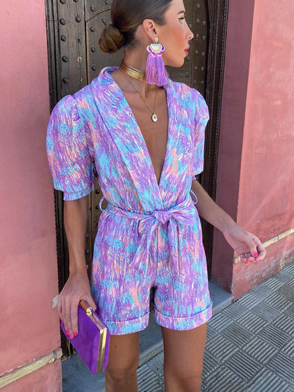Kyra | Zomerse Playsuit voor Dames met V-Hals en Pofmouwen