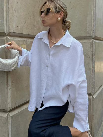 Harlow | Oversized Linnen Blouse voor Dames – Luchtig en Stijlvol met Klassieke Hemdkragen
