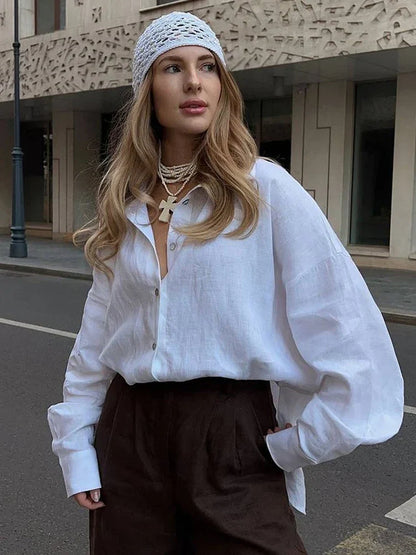 Harlow | Oversized Linnen Blouse voor Dames – Luchtig en Stijlvol met Klassieke Hemdkragen