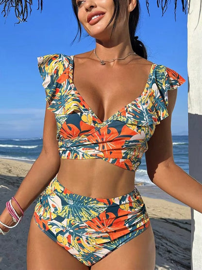 Paulien | Dames Bikini Set – V-hals – Ruches – Hoog Taillebroekje – Tropische Print