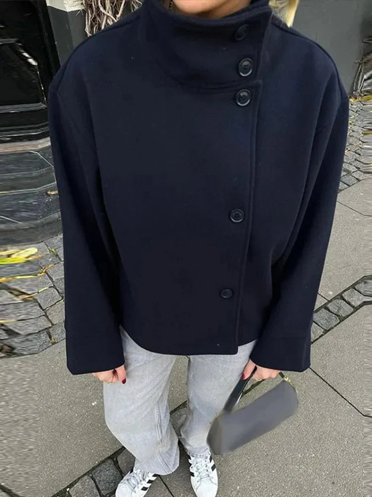 Claire elegante herfst jas| Dames korte jas met opstaande kraag en enkelrijige sluiting