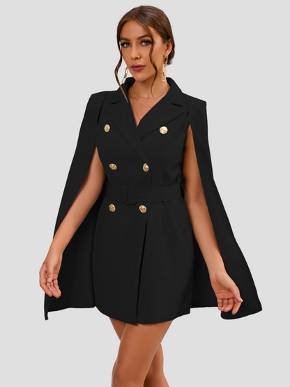 Elettra | Dames Cape Blazer Jurk – Elegante Tailleaccentuatie met Luxe Gouden Knopen