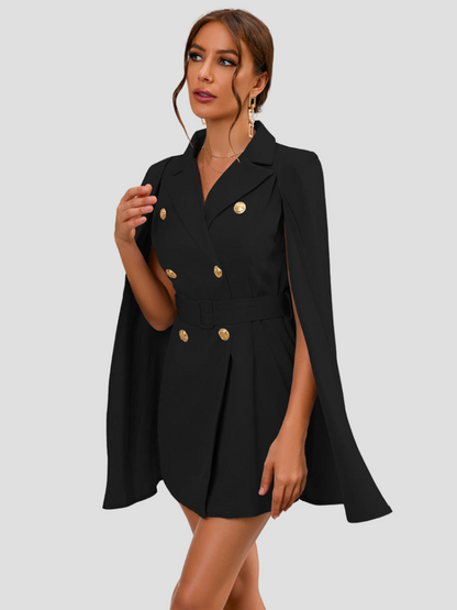 Elettra | Dames Cape Blazer Jurk – Elegante Tailleaccentuatie met Luxe Gouden Knopen