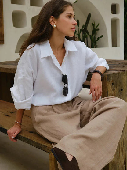 Harlow | Oversized Linnen Blouse voor Dames – Luchtig en Stijlvol met Klassieke Hemdkragen