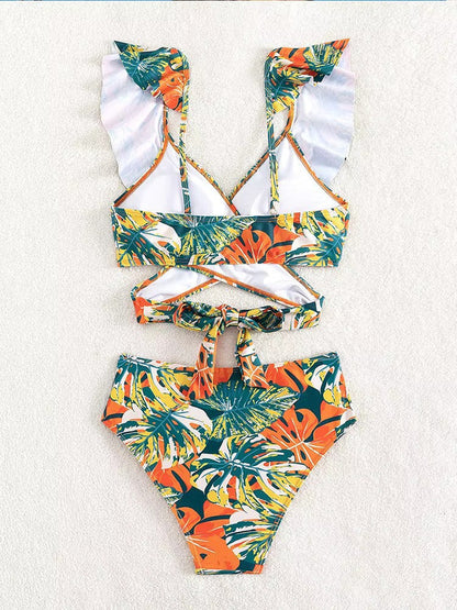 Paulien | Dames Bikini Set – V-hals – Ruches – Hoog Taillebroekje – Tropische Print