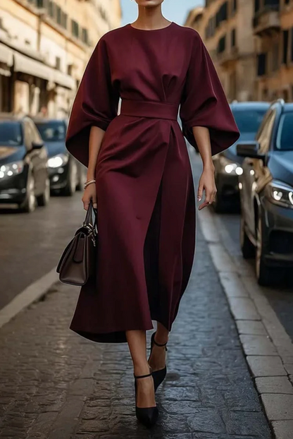 Brynn | Dames Midi Jurk met Lantaarnmouwen en Verfijnde Tailleband voor Elegante Gelegenheden