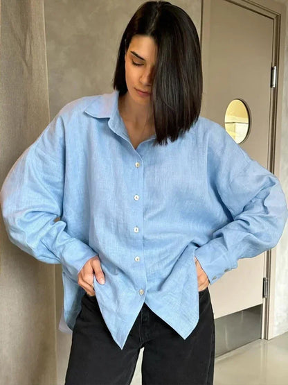 Harlow | Oversized Linnen Blouse voor Dames – Luchtig en Stijlvol met Klassieke Hemdkragen
