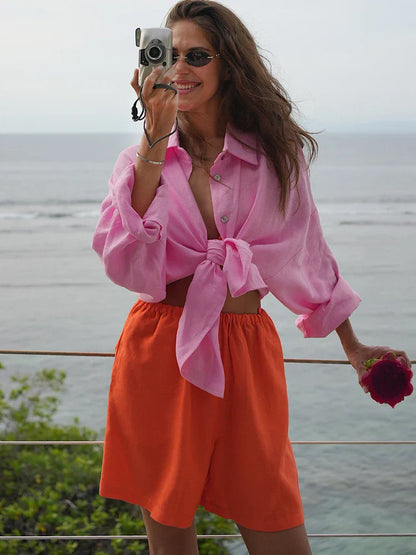 Harlow | Oversized Linnen Blouse voor Dames – Luchtig en Stijlvol met Klassieke Hemdkragen