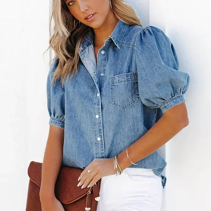 Myrthe | Dames Denim Blouse met Klassieke Snit – Tijdloos, Comfortabel en Veelzijdig