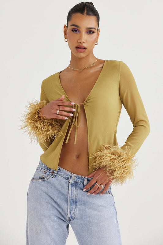 Mieke | Dames Top – Diepe V-Hals met Strikdetail en Luxe Verenaccenten