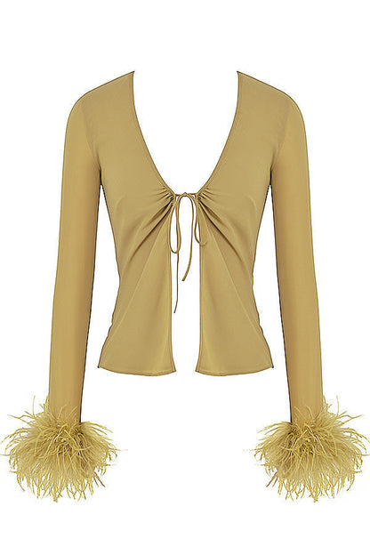 Mieke | Dames Top – Diepe V-Hals met Strikdetail en Luxe Verenaccenten