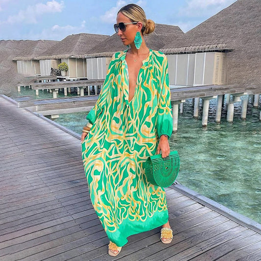 Saar | Dames caftan jurk met diepe V-hals en boho design – luchtige stof en losse pasvorm