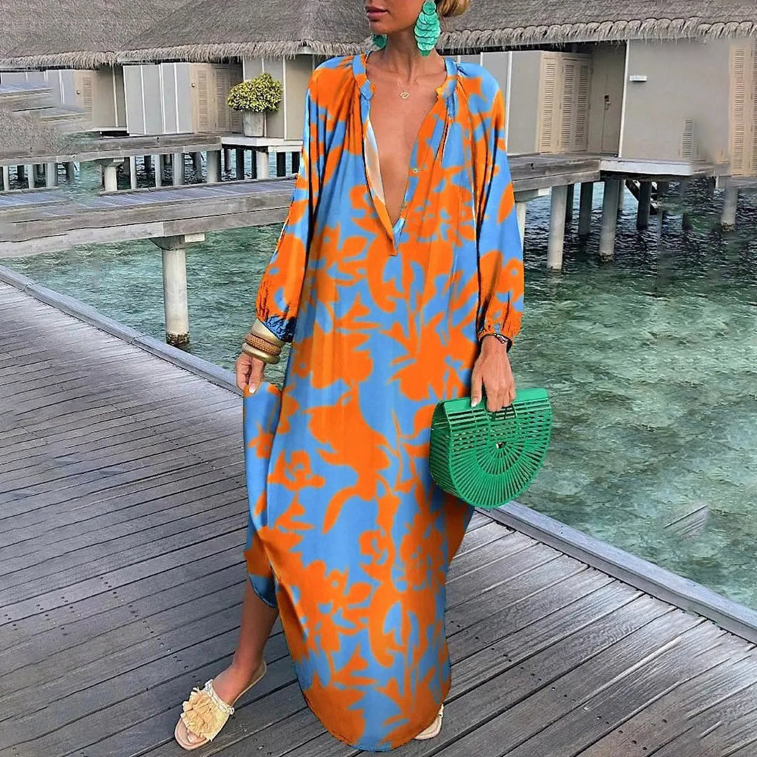 Saar | Dames caftan jurk met diepe V-hals en boho design – luchtige stof en losse pasvorm