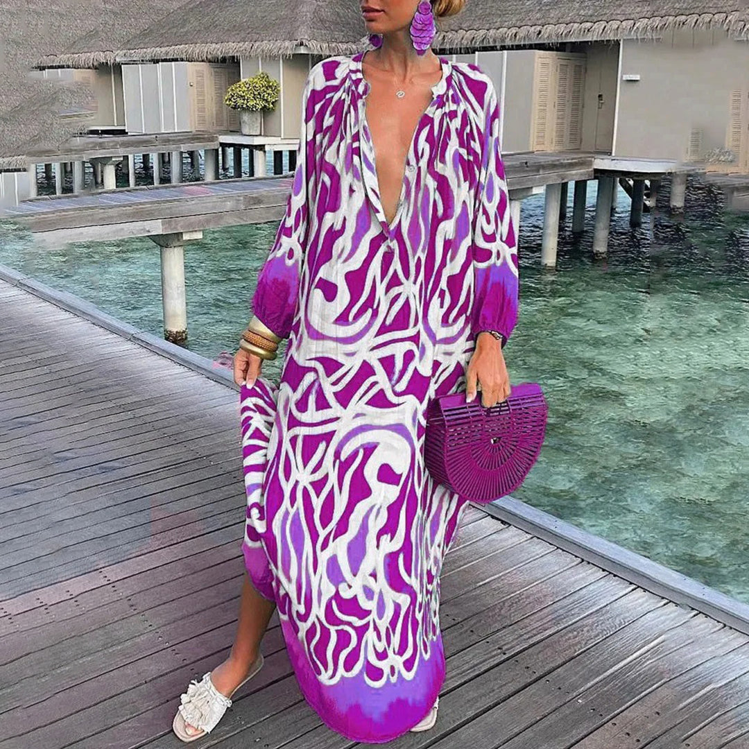 Saar | Dames caftan jurk met diepe V-hals en boho design – luchtige stof en losse pasvorm