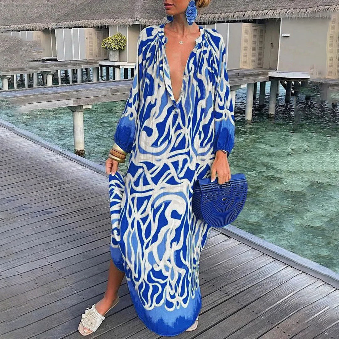 Saar | Dames caftan jurk met diepe V-hals en boho design – luchtige stof en losse pasvorm