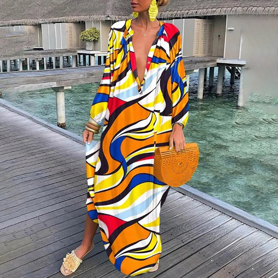 Saar | Dames caftan jurk met diepe V-hals en boho design – luchtige stof en losse pasvorm