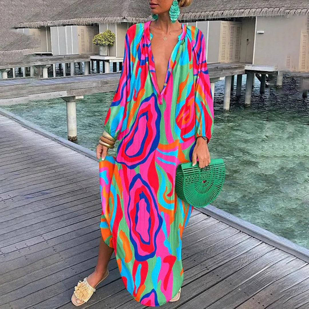 Saar | Dames caftan jurk met diepe V-hals en boho design – luchtige stof en losse pasvorm