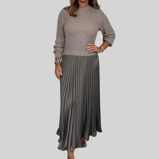 Jacobine Jurk | Dames midi-jurk met trui-en-rok effect en geplooide rok