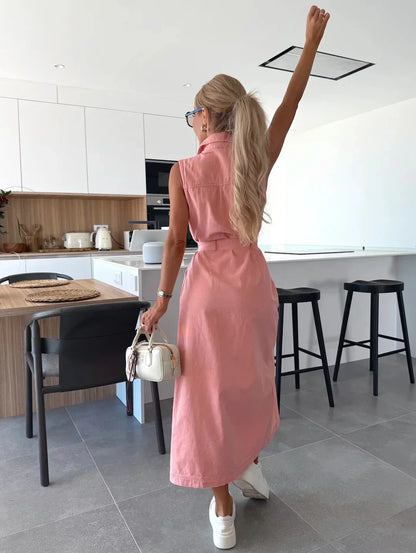 Tanisha Denim Jurk | Mouwloze damesjurk van ademende denim met doorknoopsluiting