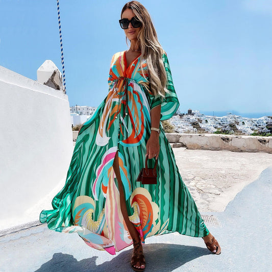 Victoria | Dames Maxi Jurk – Ontspannen Pasvorm, V-hals, Tailleband en Abstracte Print