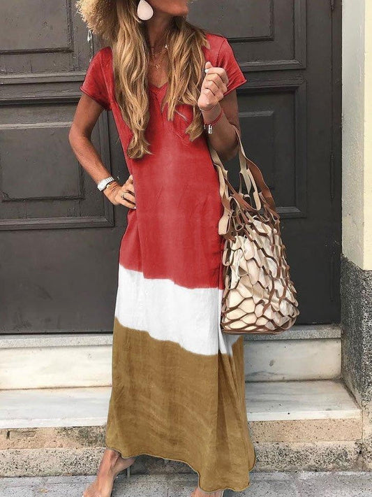 Vera | Dames Maxi-jurk – Relaxed Fit, V-hals, Korte Mouwen en Ademend Patchwork